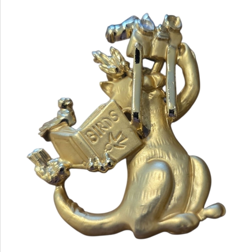 AJC Vintage Cat Reading Birds Book Brooch Gold Tone Figural Pin